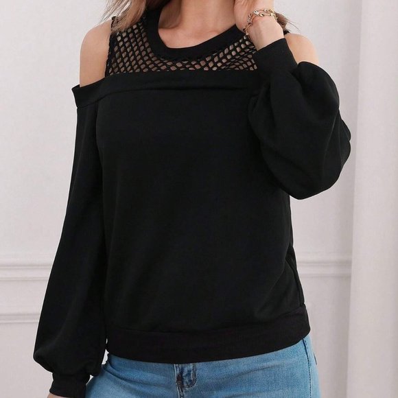 Cold Shoulder Contrast Mesh Sweatshirt black - Picture 4 of 5